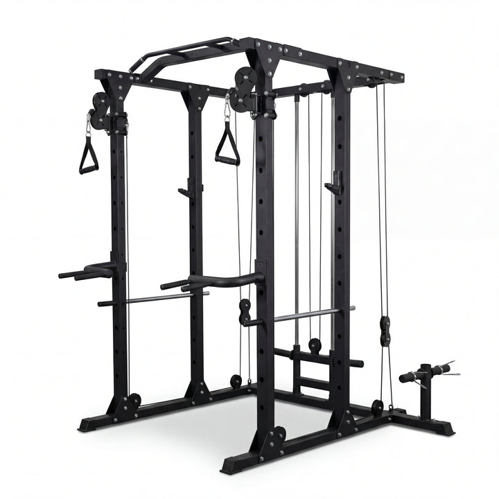 Black gym cable machine on a white background