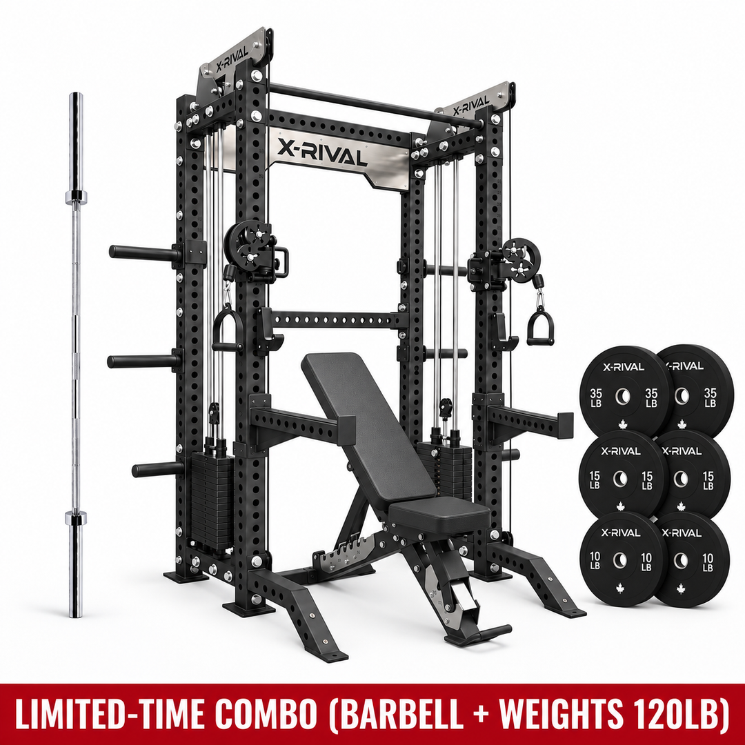 X-Rival XRFT09 functional trainer combo with XRAB04 adjustable bench, 7FT Olympic barbell and 120LB black bumper plates.