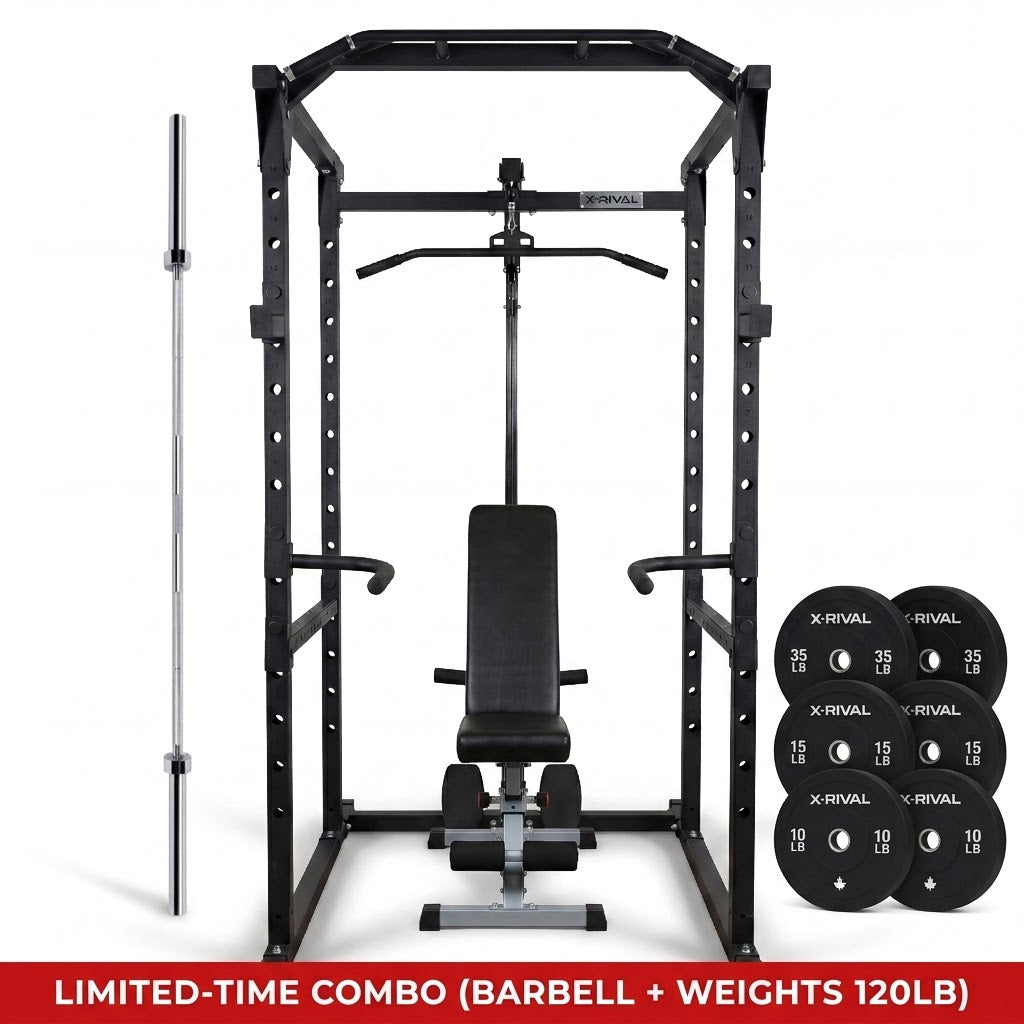 Black power rack with bench and weight plates on a white background