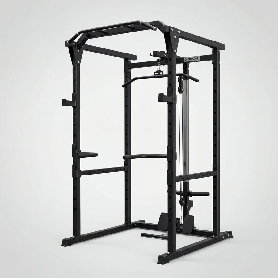 Black fitness power rack on a white background
