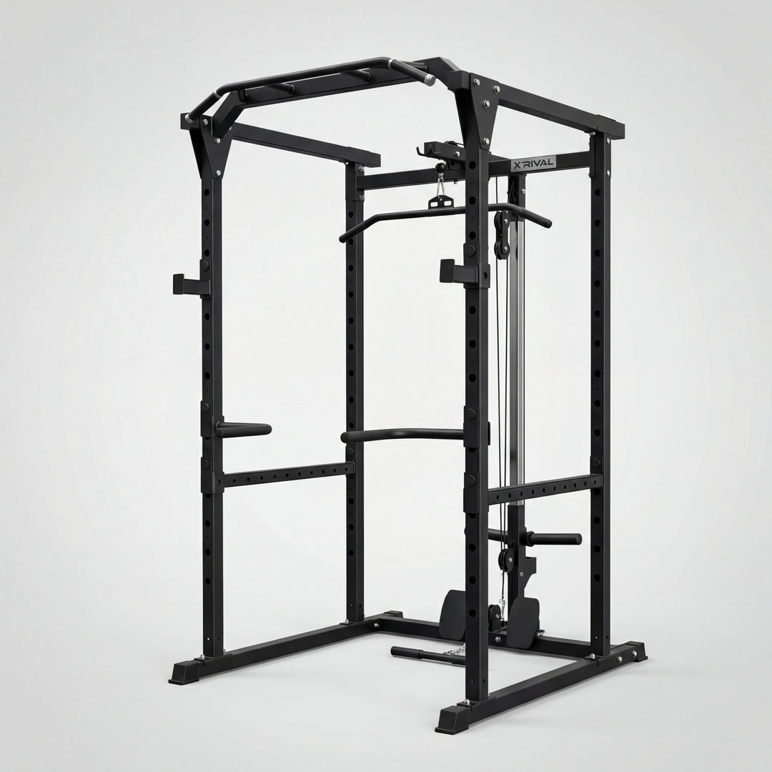 Black fitness power rack on a white background
