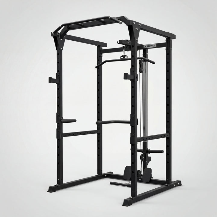 Black fitness power rack on a white background