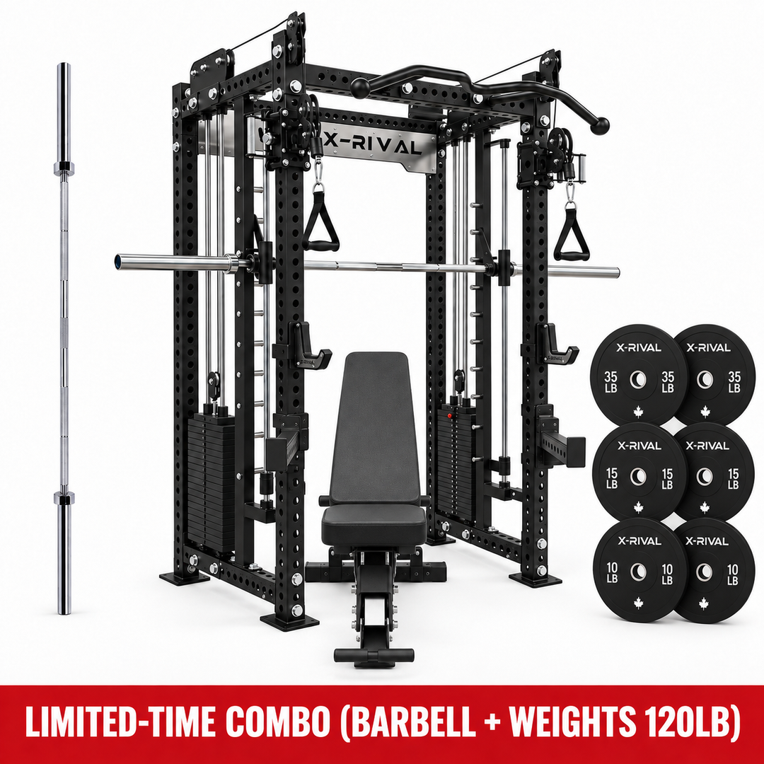 X-Rival XRSF11 Smith machine combo with XRAB04 adjustable bench, 7FT Olympic barbell and 120LB black bumper plates.